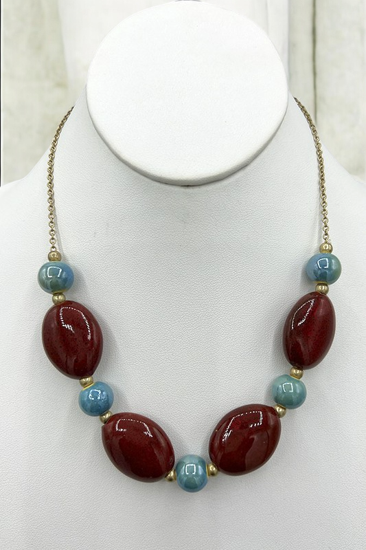 Round Ball Bead Oval GemStone Collar Necklace