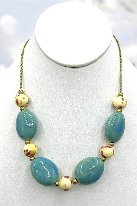 Round Ball Bead Oval GemStone Collar Necklace