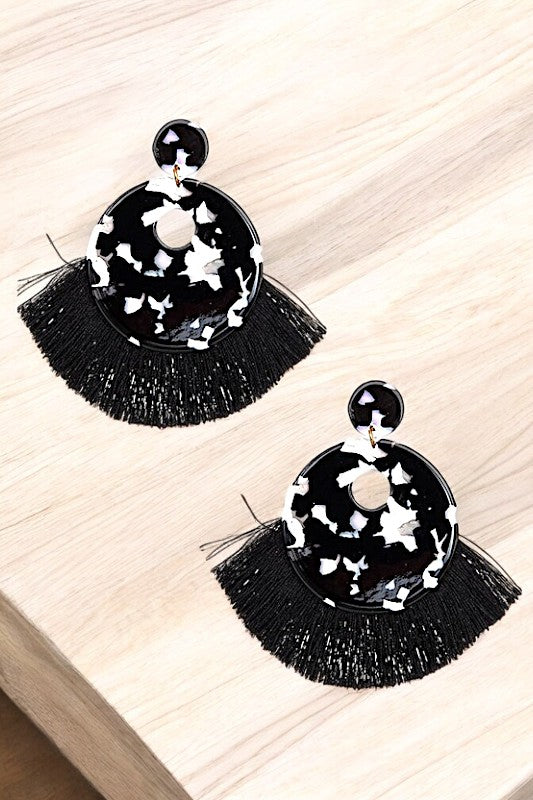 ROUND RESIN TASSEL TRIM DANGLE EARRING