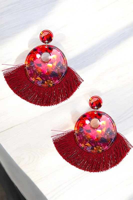 ROUND RESIN TASSEL TRIM DANGLE EARRING