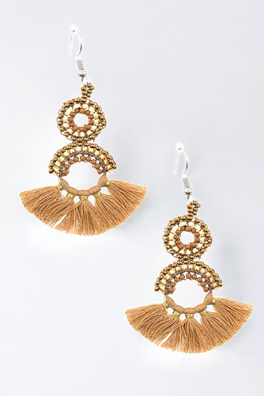 DOUBLE ROUND BEAD FAN OUT TASSEL DANGLE EARRING