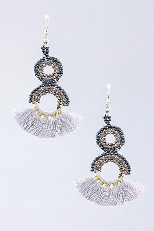 DOUBLE ROUND BEAD FAN OUT TASSEL DANGLE EARRING