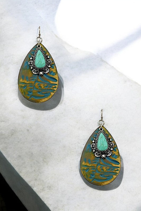 Etched Teardrop TQ Gem Dangle Earring