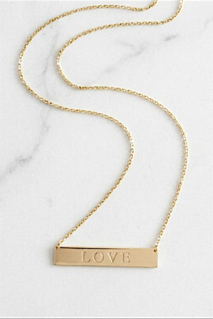 LOVE ETCHED FLAT BAR PENDANT NECKLACE