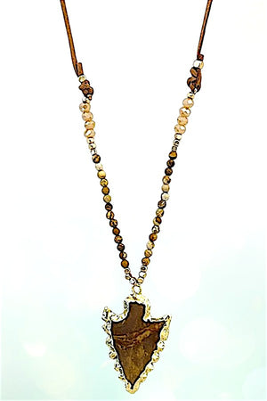 FRAMED ARROWHEAD STONE PENDANT BEADED CORD LONG NECKLACE