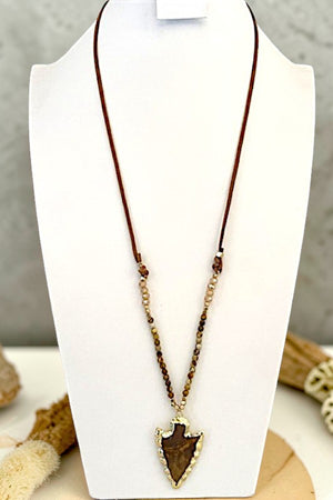 FRAMED ARROWHEAD STONE PENDANT BEADED CORD LONG NECKLACE