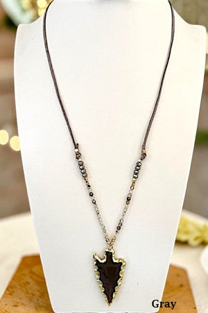FRAMED ARROWHEAD STONE PENDANT BEADED CORD LONG NECKLACE
