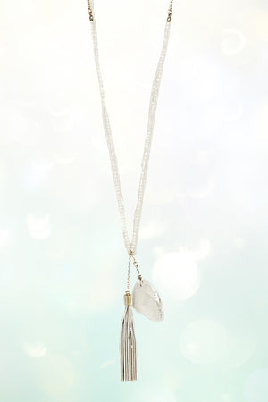 GEMSTONE TASSEL DANGLE PENDANT ELONGATED BEADED NECKLACE