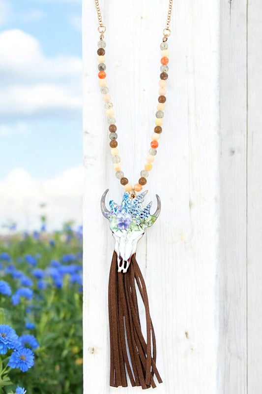 ETCHED BULL SUEDE TASSEL BEADED LONG NECKLACE SET