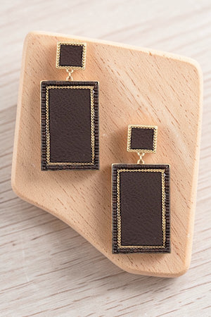 FAUX LEATHER RECTANGULAR BEAD FRAMED DROP EARRING