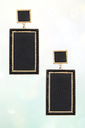 FAUX LEATHER RECTANGULAR BEAD FRAMED DROP EARRING