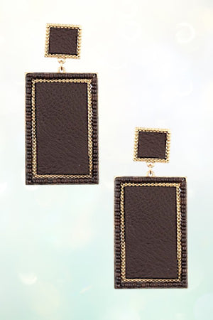 FAUX LEATHER RECTANGULAR BEAD FRAMED DROP EARRING