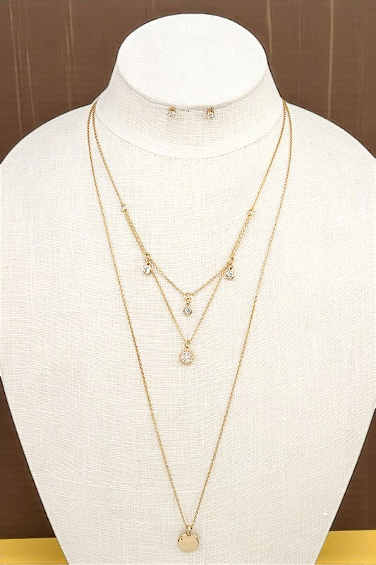 ROUND CZ STONE PENDANT LAYERED NECKLACE SET
