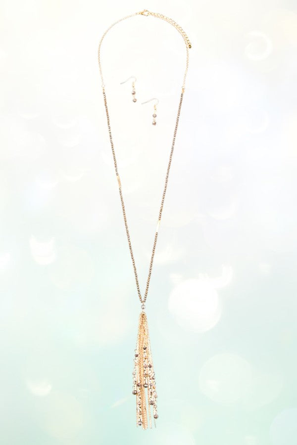 BEADED CHAIN TASSEL LONG NECKLACE SET