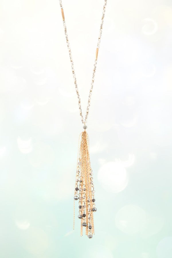 BEADED CHAIN TASSEL LONG NECKLACE SET