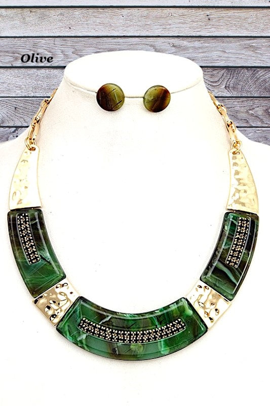 HAMMERED METAL AND RESIN LINK COLLAR NECKLACE SET