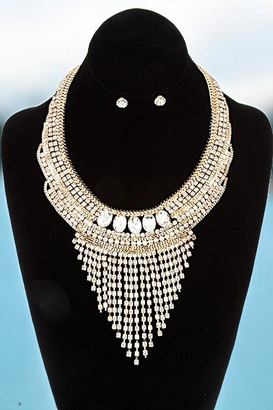 RHINESTONE PAVE FRINGE BIB NECKLACE SET