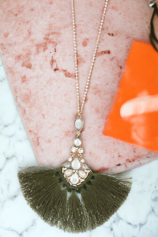 Gem Ornate Tassel Fringe Long Necklace