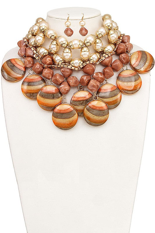 Faux Stone Pearl Accent Bib Necklace Set