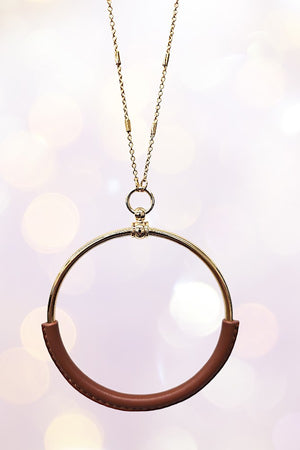 Leather Wrapped Ring Pendant Long Necklace