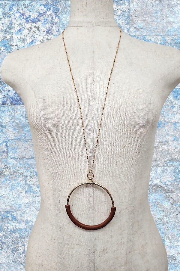 Leather Wrapped Ring Pendant Long Necklace