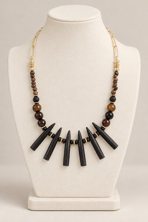 BEAD WOOD FRINGE BIB STATEMENT NECKLACE