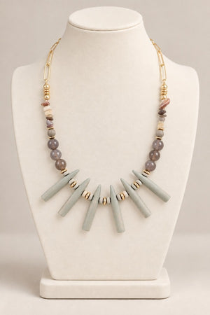 BEAD WOOD FRINGE BIB STATEMENT NECKLACE