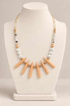 BEAD WOOD FRINGE BIB STATEMENT NECKLACE