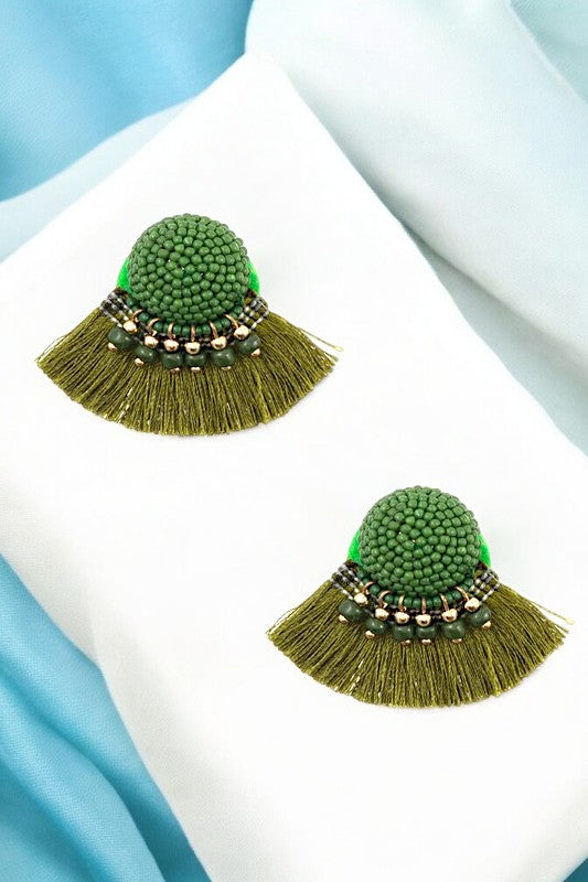 BEADED ORB DROP TASSEL EARRING