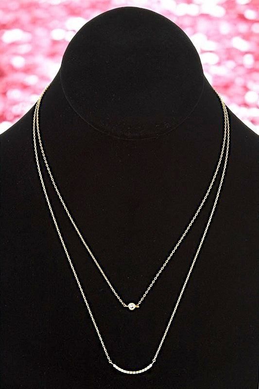 CZ STONE DOUBLE LAYERED CURVED BAR NECKLACE