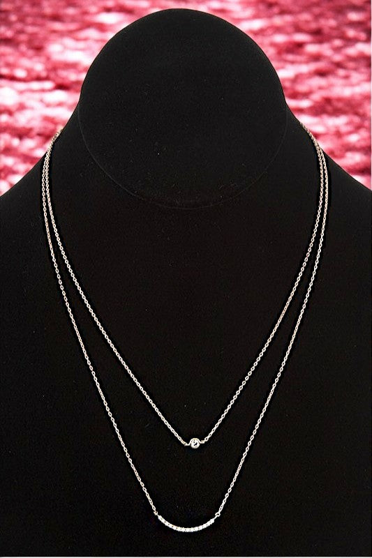 CZ STONE DOUBLE LAYERED CURVED BAR NECKLACE