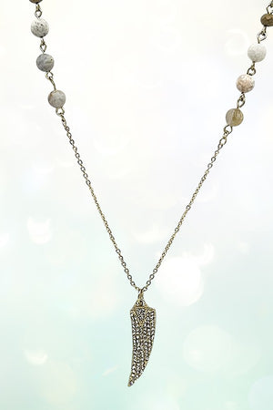 RHINESTONE PAVE HORN PENDANT BALL BEAD LINK ELONGATED NECKLACE