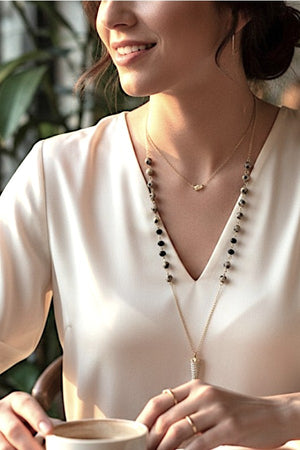 RHINESTONE PAVE HORN PENDANT BALL BEAD LINK ELONGATED NECKLACE