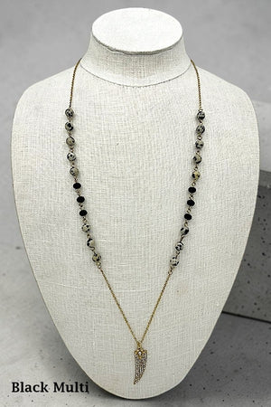 RHINESTONE PAVE HORN PENDANT BALL BEAD LINK ELONGATED NECKLACE