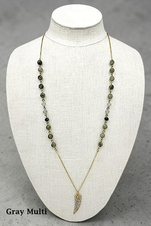 RHINESTONE PAVE HORN PENDANT BALL BEAD LINK ELONGATED NECKLACE