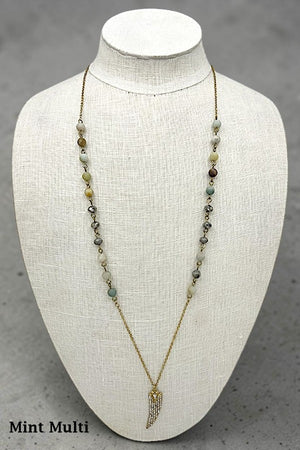 RHINESTONE PAVE HORN PENDANT BALL BEAD LINK ELONGATED NECKLACE