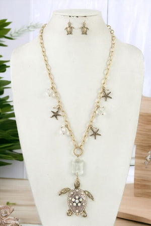 Turtle Pendant Long Necklace Set
