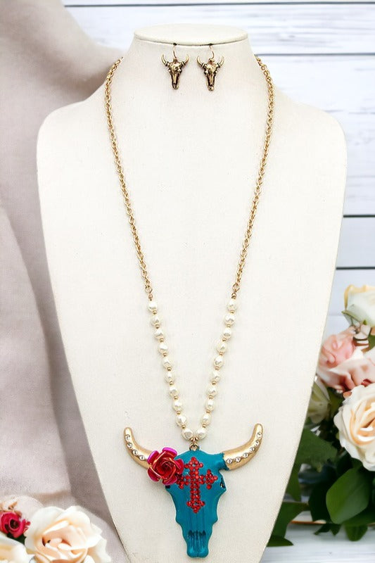 Floral Bull Pendant Pearl Long Necklace Set