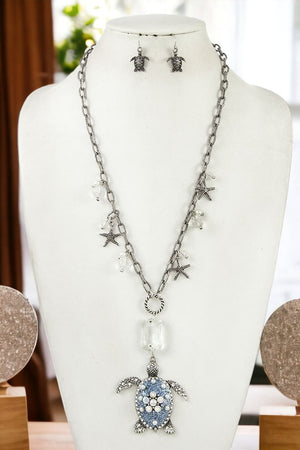 Turtle Pendant Long Necklace Set