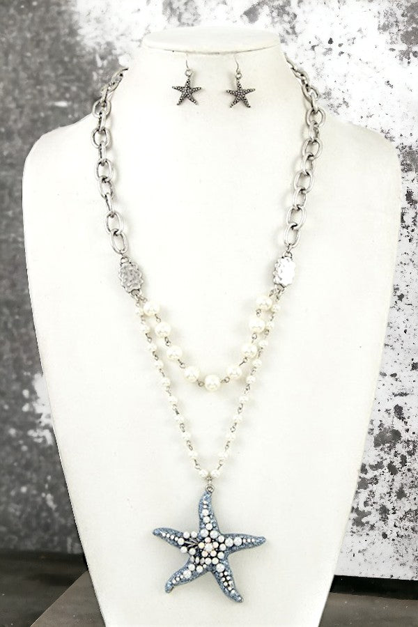 GLITTER AND PEARL STAR LONG NECKLACE SET