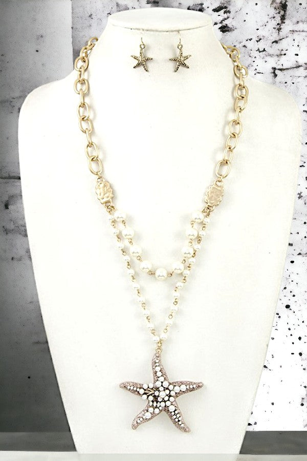 GLITTER AND PEARL STAR LONG NECKLACE SET