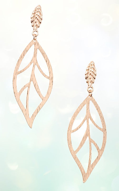 BRUSHED METAL LEAF CUT OUT DANGLE EARRING