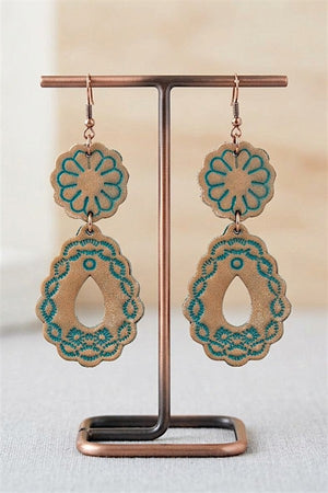 GENUINE LEATHER FLORAL ETCHED DROP ERRING