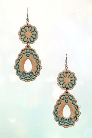 GENUINE LEATHER FLORAL ETCHED DROP ERRING