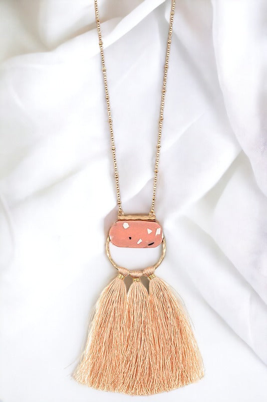 Elongated Round Pendant Tassel Necklace