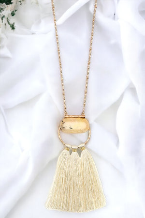 Elongated Round Pendant Tassel Necklace