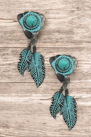 Gem Post Etched Tribal Leaf Dangle Earring