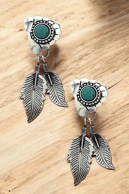 Gem Post Etched Tribal Leaf Dangle Earring