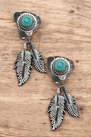 Gem Post Etched Tribal Leaf Dangle Earring