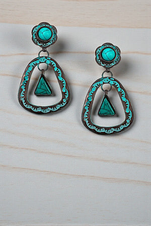 FAUX TQ GEMSTONE ETCHED DANGLE EARRING